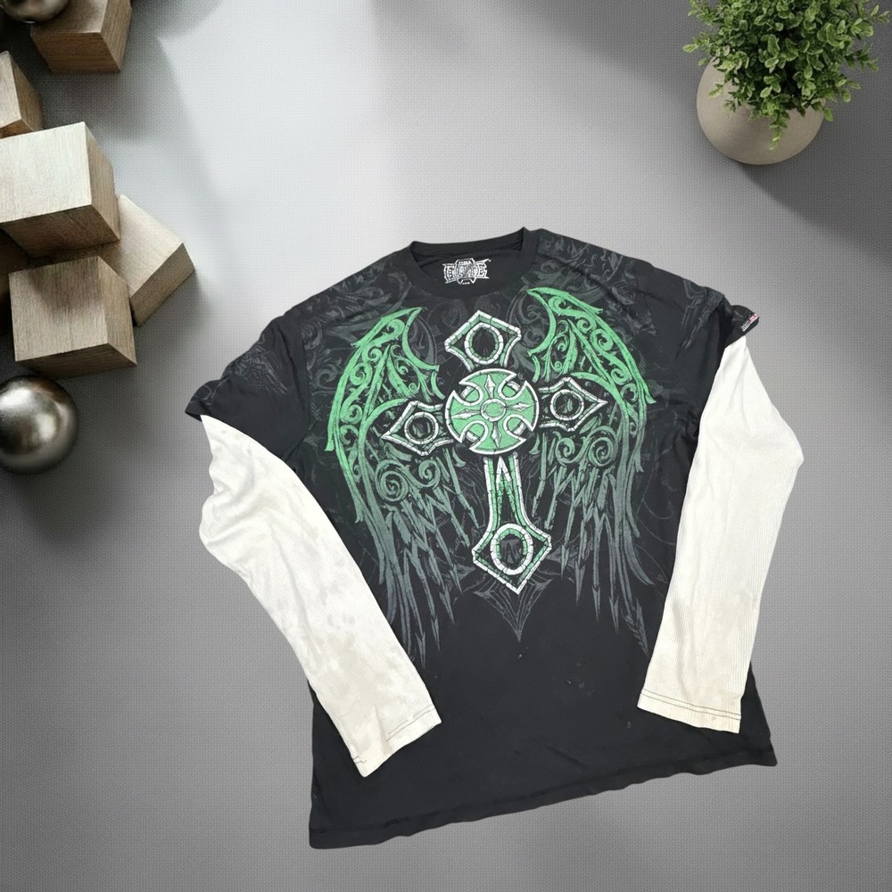Vintage MMA Elite Winged Cross Layered Long Sleeve Shirt Black Green Y2K XL